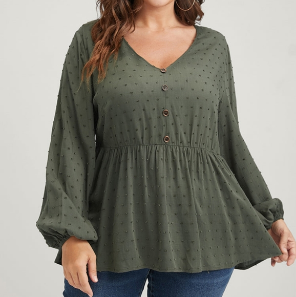 BLOOMCHIC Tops - BLOOMCHIC Polka Dot Flutter Button Lantern Sleeve Blouse Army Green Size 26